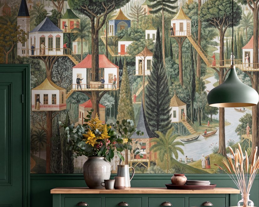 Architectural design wallpaper mural of forest treehouses, rivers, boats and small figures in green watercolour