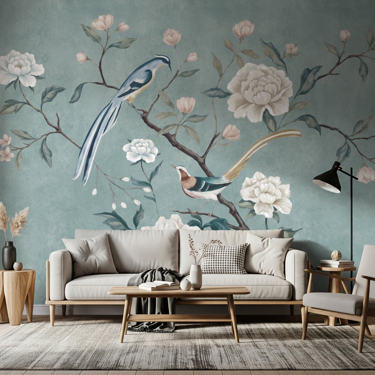Vintage Peony Floral and Swallow Wallpaper Mural - Peel and Stick
