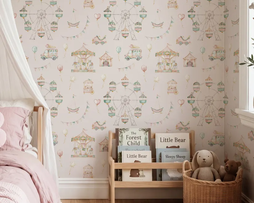 Children's playroom wallpaper with pastel Ferris wheel, carousel horses, tents and balloons on blush pink
