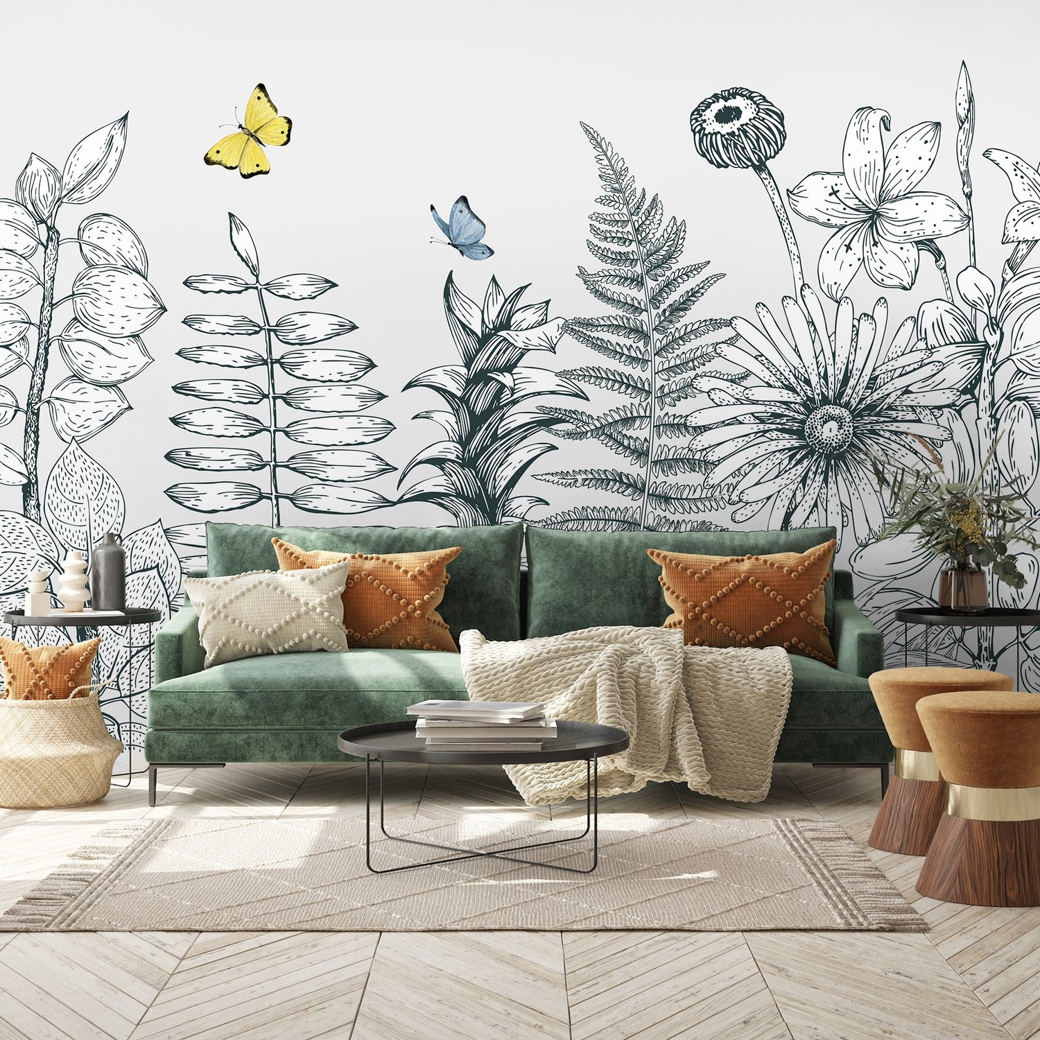 Charcoal Leaf and Flower Wallpaper Mural - Peel and Stick