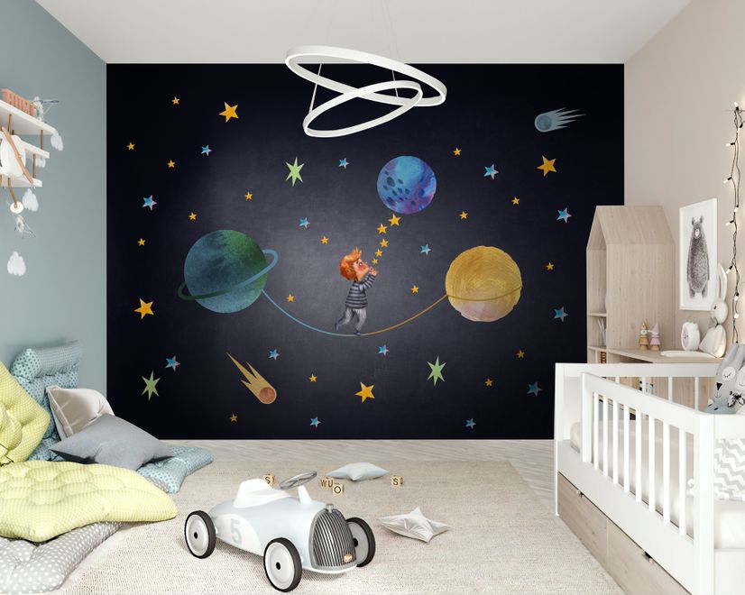 Little Boy with Blue Yellow Stars on the Outer Space with Blue Yellow Stars Wall Decal Sticker