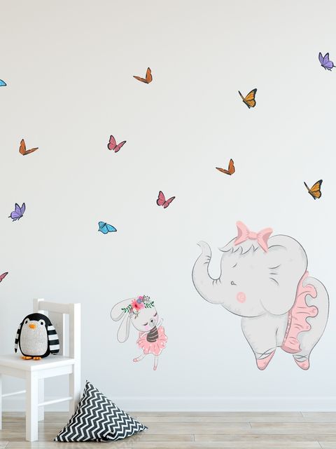 Kinder Rosa Ballerina Elefant und Hase mit kleinen Schmetterlingen Wandtattoo