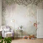 Watercolour nature wallpaper with lilac wisteria, pale trees, sage foliage and small songbirds around a misty clearing