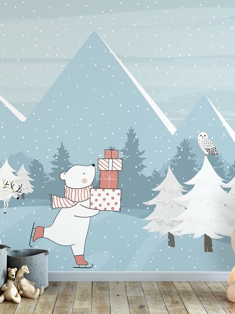 Papier peint panoramique ours blanc patineur sur la forêt enneigée d'hiver
