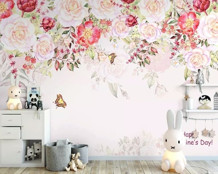 Pink Flowers and Butterflies Wallpaper Mural