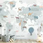 Kids Blue Political World Map with Colorful Animal Silhouette Wallpaper Mural