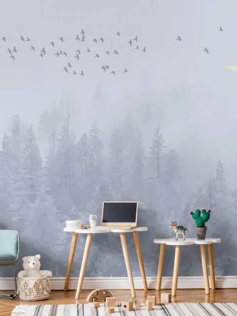 Monochrome Night Forest and Birds Wallpaper Mural