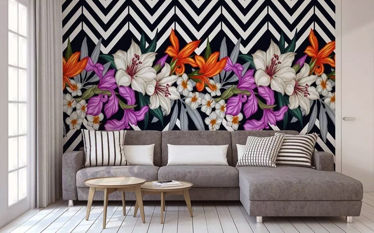 Colorful Flowers with Black White Stripe Patterned Wallpaper Mural - Peel and Stick