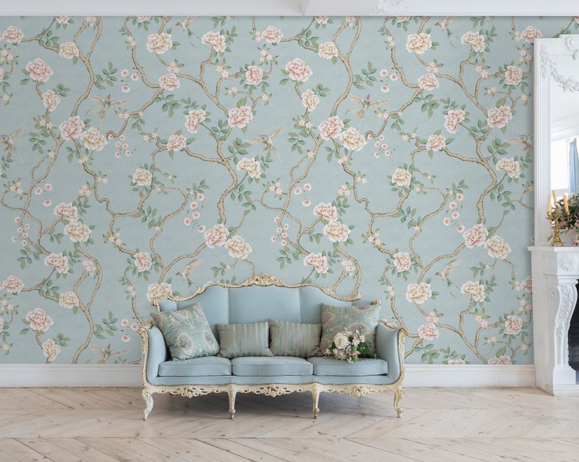 Soft Chinoiserie Peony Tree Blossom Art Wallpaper Mural