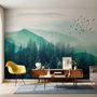 Misty Green Forest with Birds Wallpaper Mural