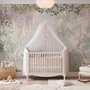 Watercolour nature wallpaper with lilac wisteria, pale trees, sage foliage and small songbirds around a misty clearing