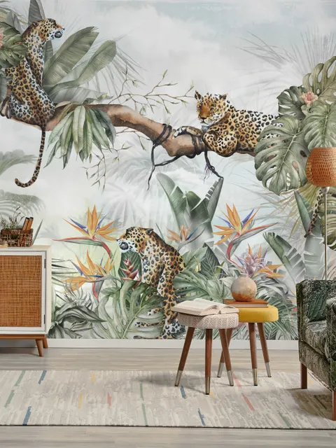 Leopards and Tropical Leaves Wallpaper Mural