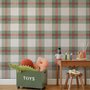 Sage green and cream-white tartan plaid wallpaper with deep red stripes and woven thread texture