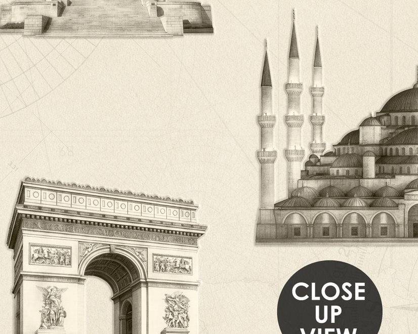 Vintage World Architecture Sketch Wallpaper Mural