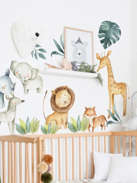Kinder Aquarell Safari Tiere mit Tropischen Blättern Wandtattoo