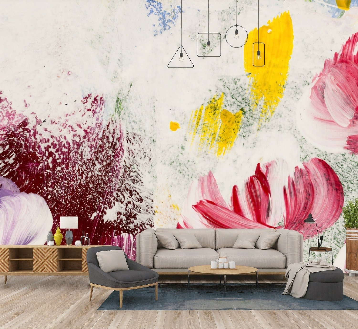 Pink Red Acyrlic Floral Bouqet Wallpaper Mural - Peel and Stick