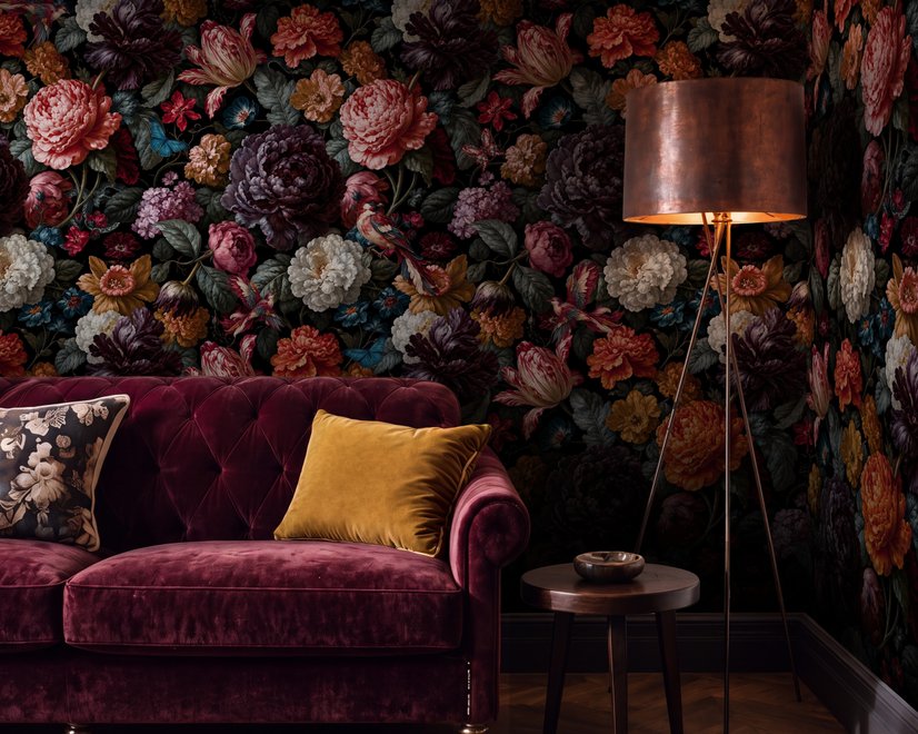 Vintage peony wallpaper mural with plum, blush and ivory flowers, dark foliage and small hummingbirds