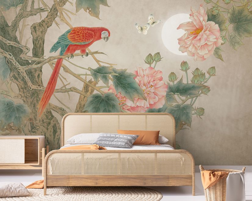 Nostalgic Peony Blossom and Parrot Wallpaper Mural