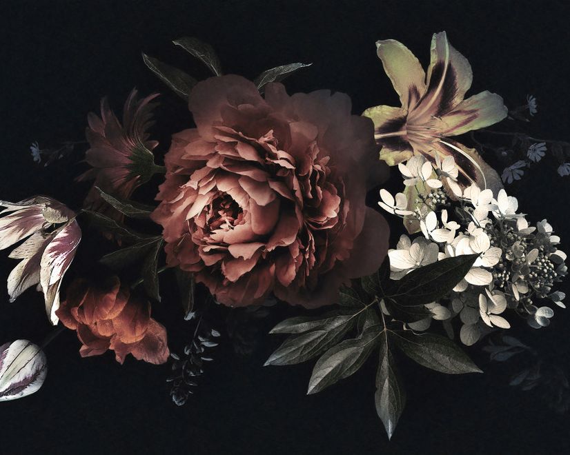 Dark Floral Bouquet with Red Peony and Lily Wallpaper Mural