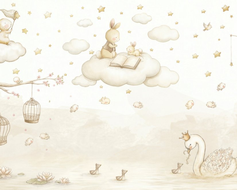 Rabbits on the Clouds and Empty Cages Wallpaper Mural