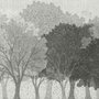Light gray wallpaper mural with layered ink-wash woodland trees, falling leaves and birds