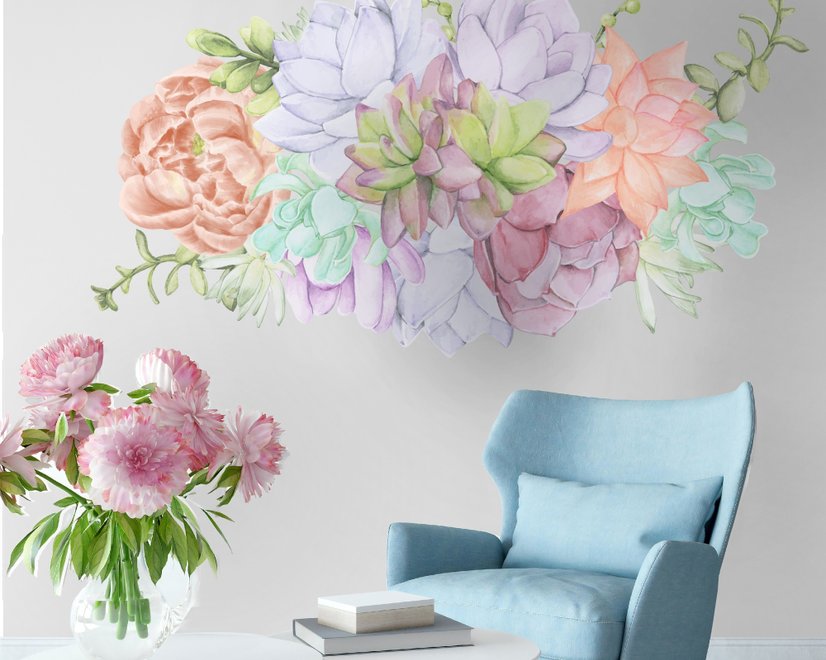Watercolor Soft Echeveria Cactus Florals Wall Decal Sticker