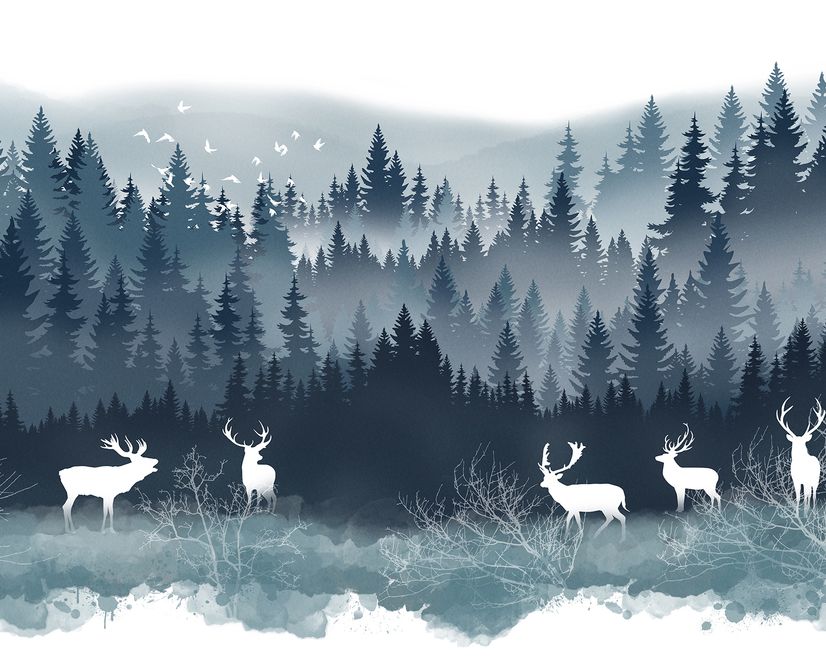 Misty Forest Landscape and Horned Deer Wallpaper Mural