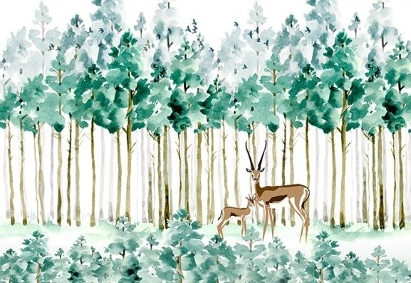 Aquarell Grüner Wald mit Elchen Fototapete