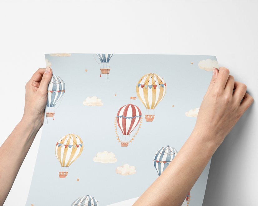 Hot air balloon wallpaper with watercolor balloons, ivory clouds and peach gold stars on pale powder blue