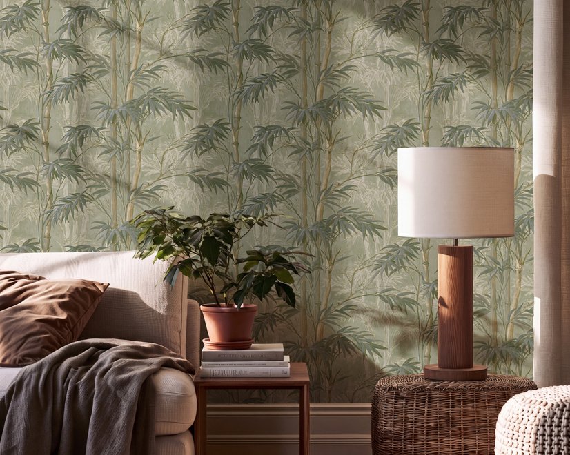 Light green and blue wallpaper with painted sage bamboo canes, olive leaves and pale celadon foliage ground