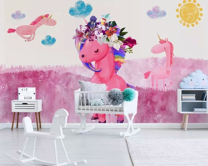 Cartoon Pink Unicorn Drawing Art Wallpaper Mural