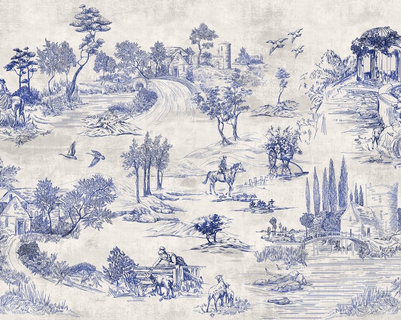 Papier peint panoramique vintage monochrome de style Jouy