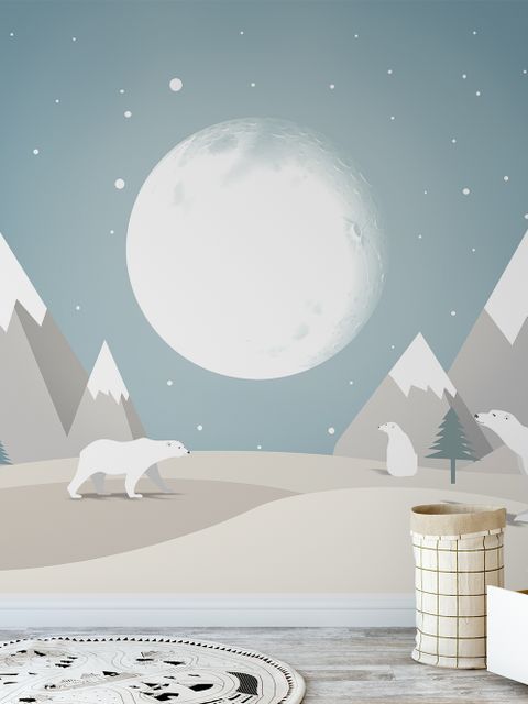 Kinderfototapete mit Berglandschaft, Vollmond und weißen Bären