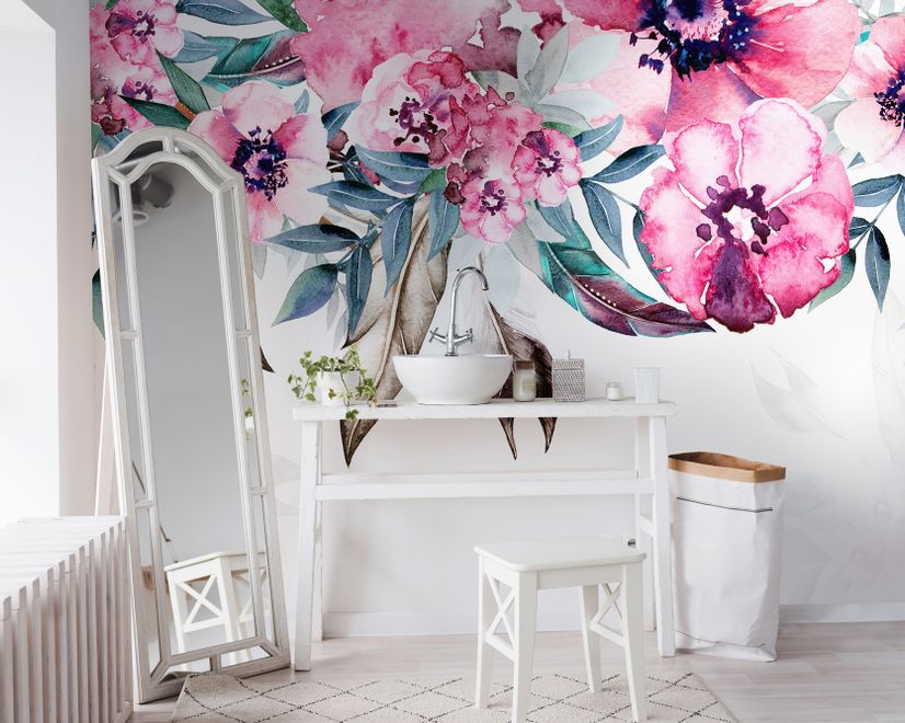 Watercolor Pink Peony Flower Wallpaper Mural