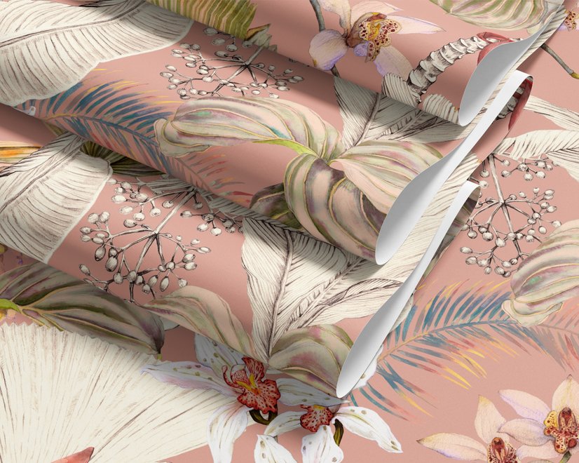 Pink tropical wallpaper with ivory fan palms, orchids, coral blossoms and sage foliage on dusty rose