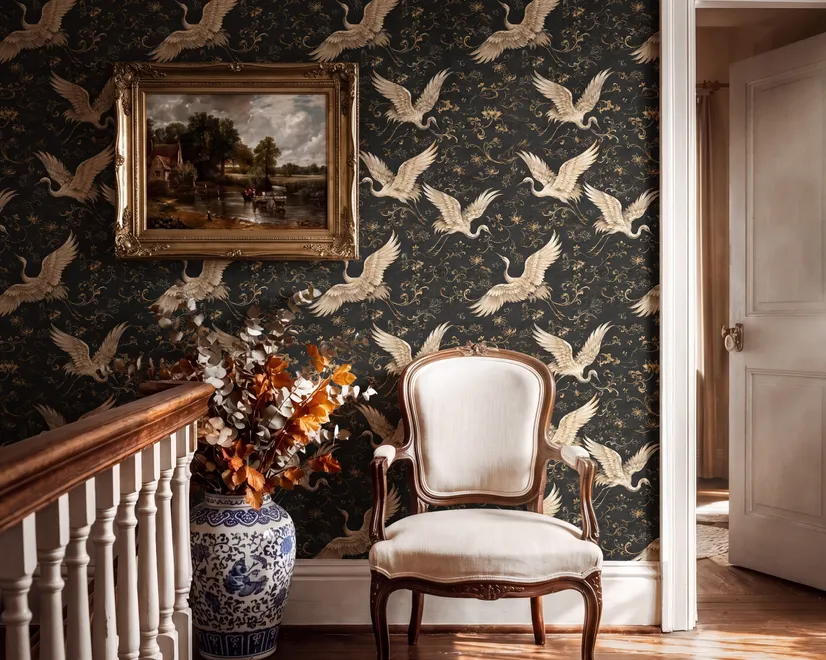 Ivory cranes and antique gold lotus flowers on charcoal-black Japanese lotus wallpaper