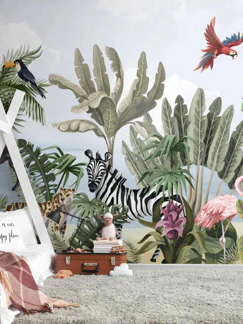 Kids Jungle View with Exotic Animals Wallpaper Mural