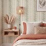 Green aesthetic wallpaper with sage leafy sprigs, fine vertical rules and dotted borders on cream ivory