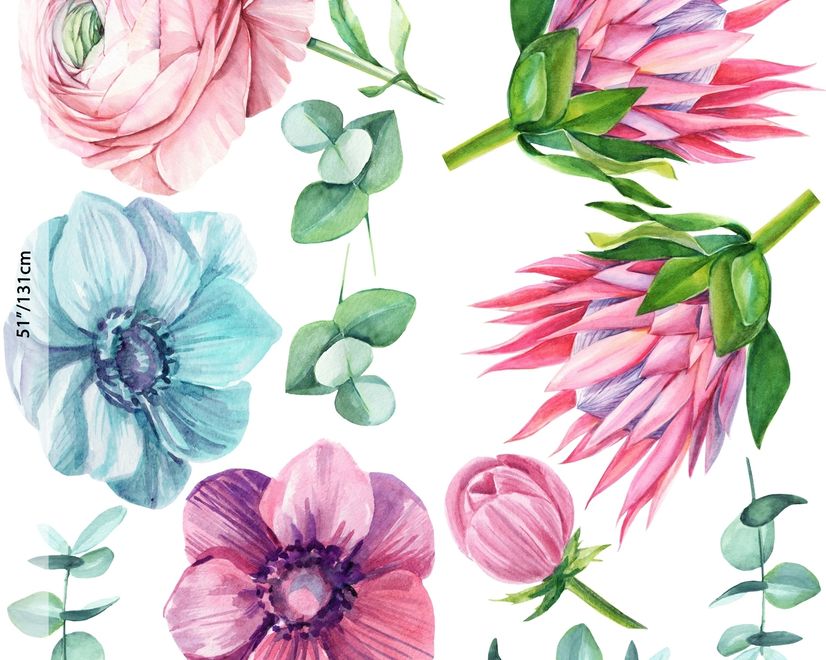 Watercolor Pink Protea with Ranunculus and Tulips Wall Decal Sticker
