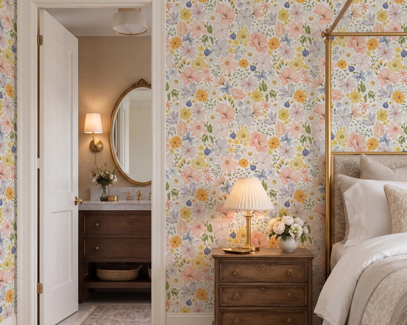 Spring floral wallpaper with pastel watercolour flowers and sage leaves on a clean white ground