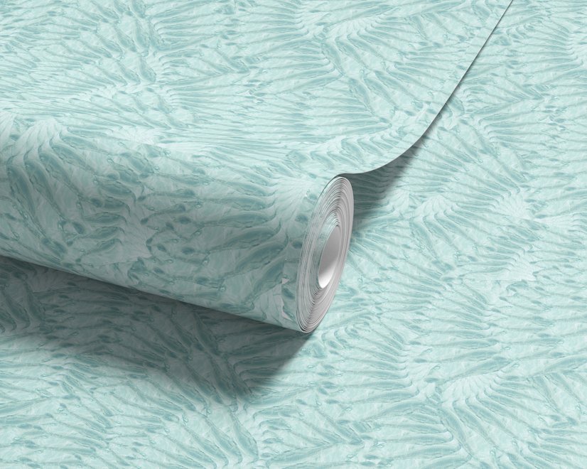 Aqua fern wallpaper with overlapping icy blue palm fronds on a pale aqua ground