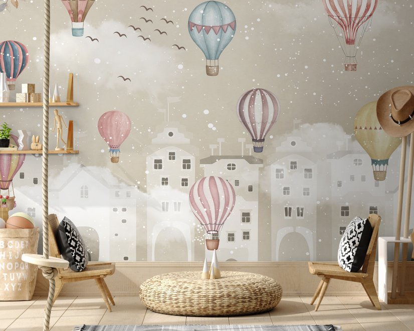 Kids Nursery Cartoon Winter and Little Hot Air Balloon Wallpaper Mural