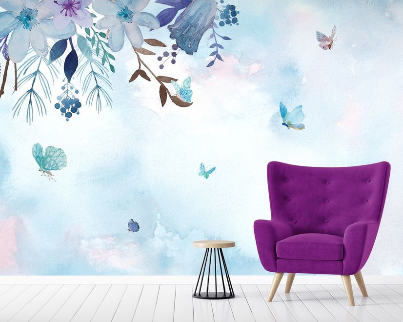 Blue Purple Floral with Little Butterfly Wallpaper Mural