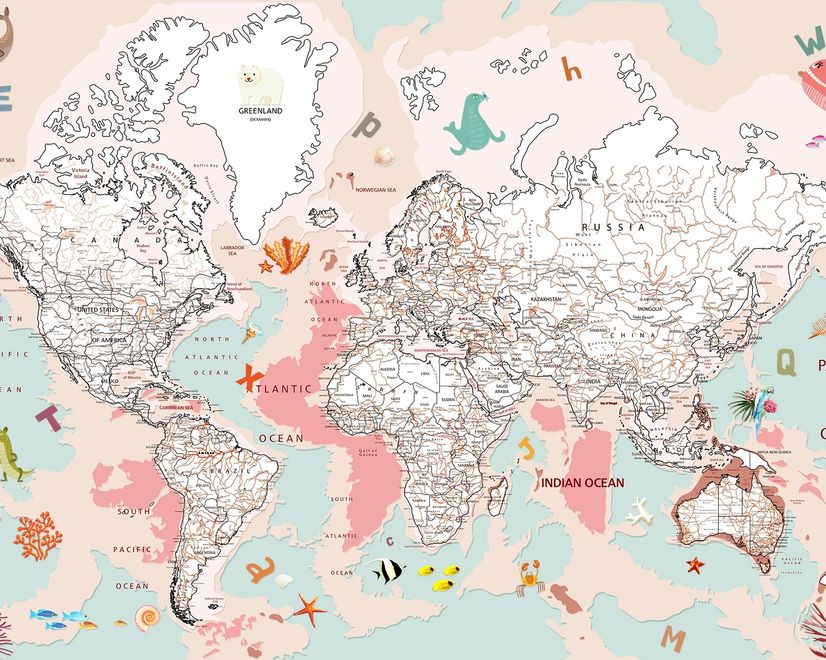 Pink Political World Map with Animals Wallpaper Mural