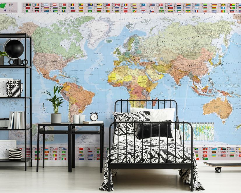 Political World Map and Country Flags Wallpaper Mural