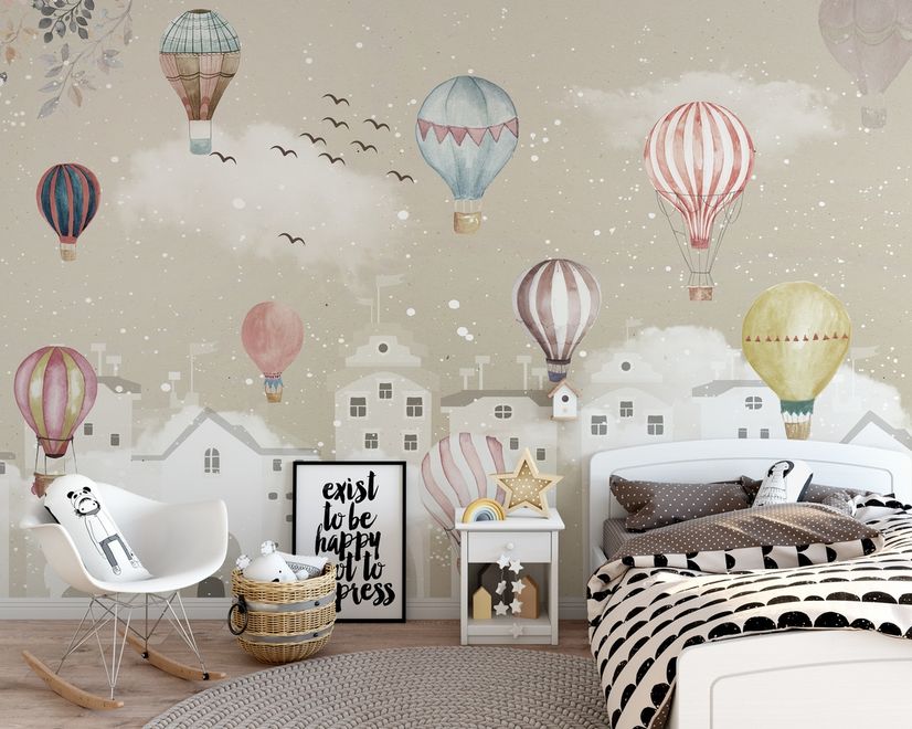 Kids Nursery Cartoon Winter and Little Hot Air Balloon Wallpaper Mural