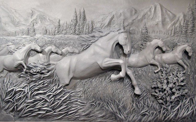 3D Embossed Look Cement Angel Horses Wallpaper Mural