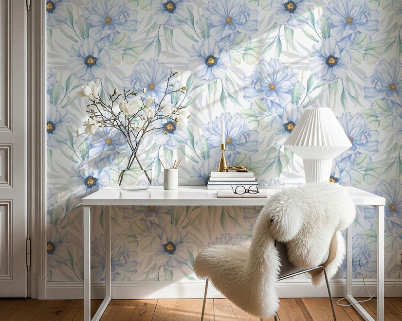 Blue floral wallpaper with watercolour anemone blooms, mint sage leaves and yellow ochre centres on white