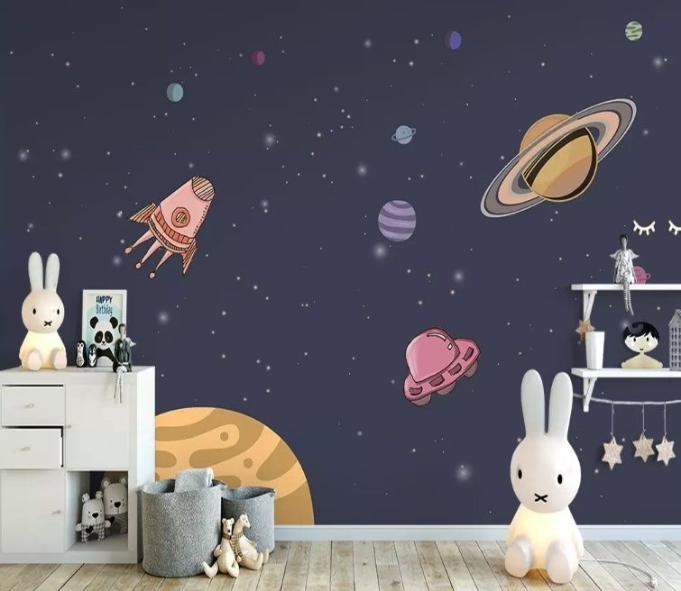 Watercolor Cartoon Space with Planets Wallpaper Mural
