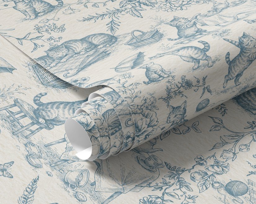 Cute cats wallpaper with dusty blue toile kittens, roses and garden scenes on warm cream